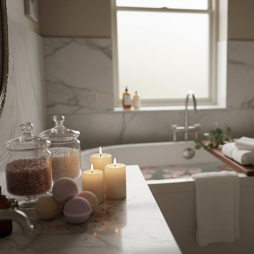 Relaxing bathroom scene with a bathtub, candles, and bath items.